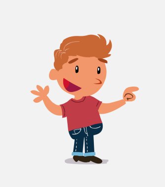 Çizgi film karakteri, kot pantolon giymiş gülümseyen bir çocuk.