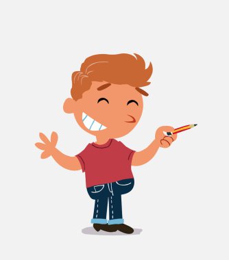 Çizgi film karakteri kot pantolonlu küçük bir çocuk bir yandan kalemle yan tarafı gösterirken komik bir şey söylüyor.