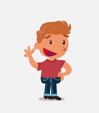 Çizgi film karakteri küçük çocuk mutlu bir şekilde el sallıyor.