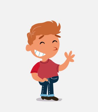 Çizgi film karakteri, kot pantolon giymiş gülerken el sallayan küçük bir çocuk.