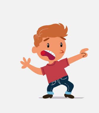 Korkmuş çizgi film karakteri kot pantolonlu küçük çocuk yan tarafı gösteriyor.