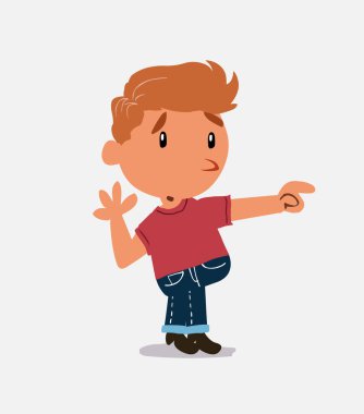 Şaşkın çizgi film karakteri kot pantolonlu küçük çocuk onun tarafını işaret ediyor.