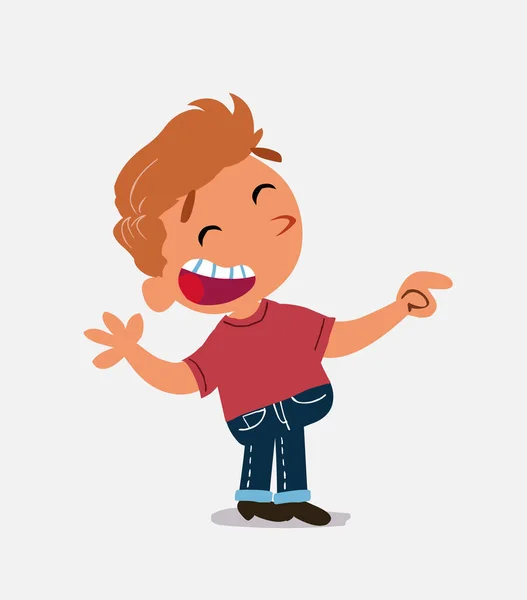 Cartoon Karakter Van Kleine Jongen Jeans Lachen Terwijl Wijzend — Stockvector