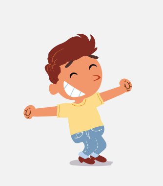 Kot pantolon giymiş, komik bir çizgi film karakteri olan mutlu küçük bir çocuk.