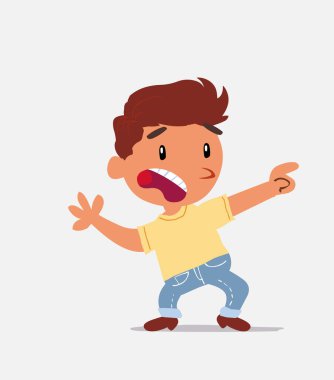 Korkmuş çizgi film karakteri kot pantolonlu küçük çocuk yan tarafı gösteriyor.