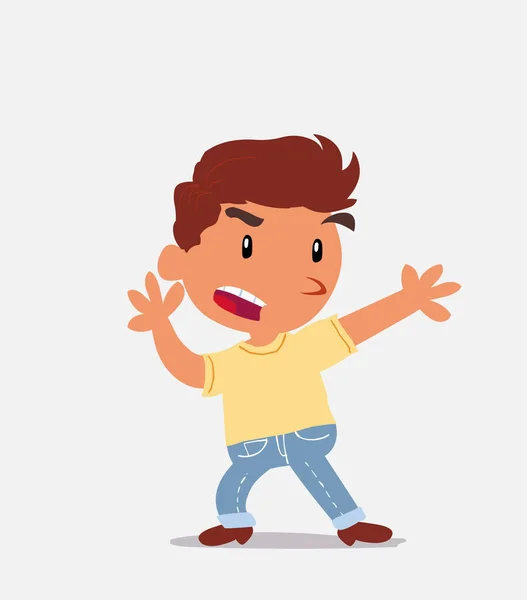 穿着牛仔裤的小男孩生气地争辩的卡通人物 — 图库矢量图片