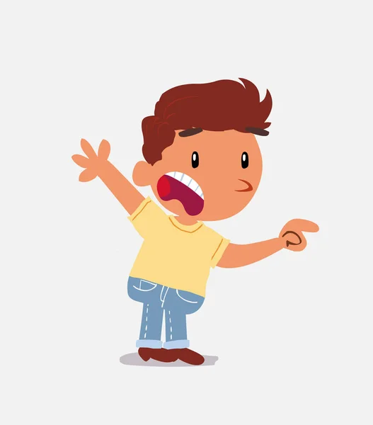 Personaje Dibujos Animados Niño Jeans Apuntando Algo Indignado — Vector de stock