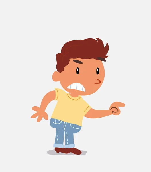 Personaje Dibujos Animados Niño Pequeño Jeans Señalando Algo Agresivamente — Vector de stock