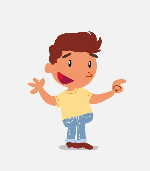 Personaje Dibujos Animados Niño Pequeño Jeans Sonriendo Mientras Señala — Archivo Imágenes Vectoriales