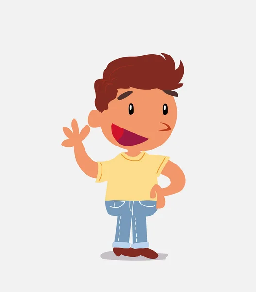 Personaje Dibujos Animados Niño Jeans Saludando Felizmente — Vector de stock