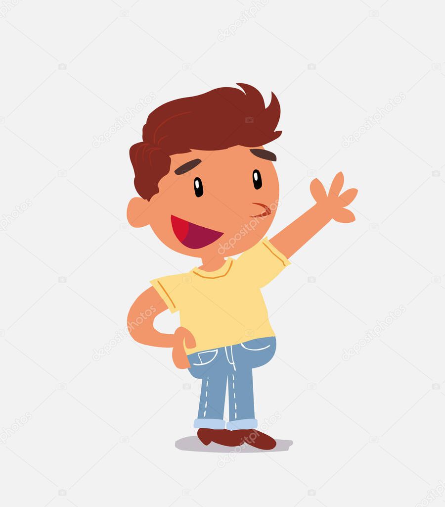cartoon character of  little boy on jeans explaining something while pointing