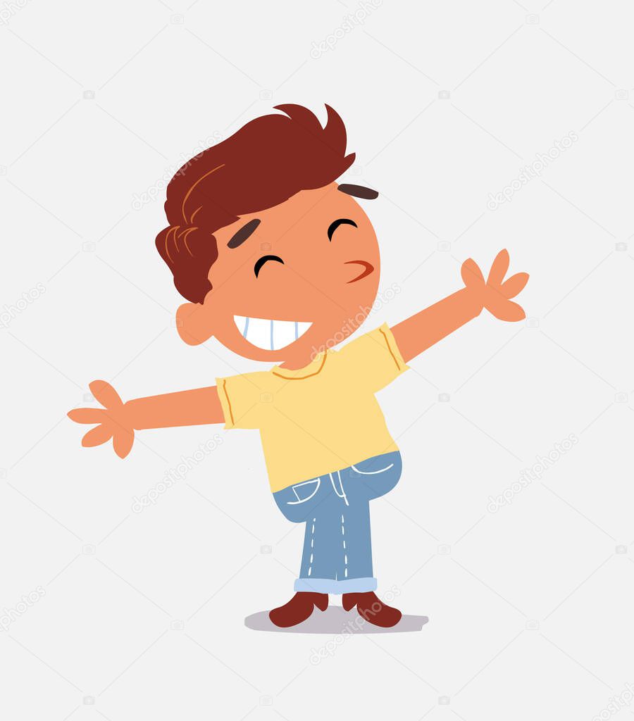 cartoon character of  little boy on jeans opening arms very happy