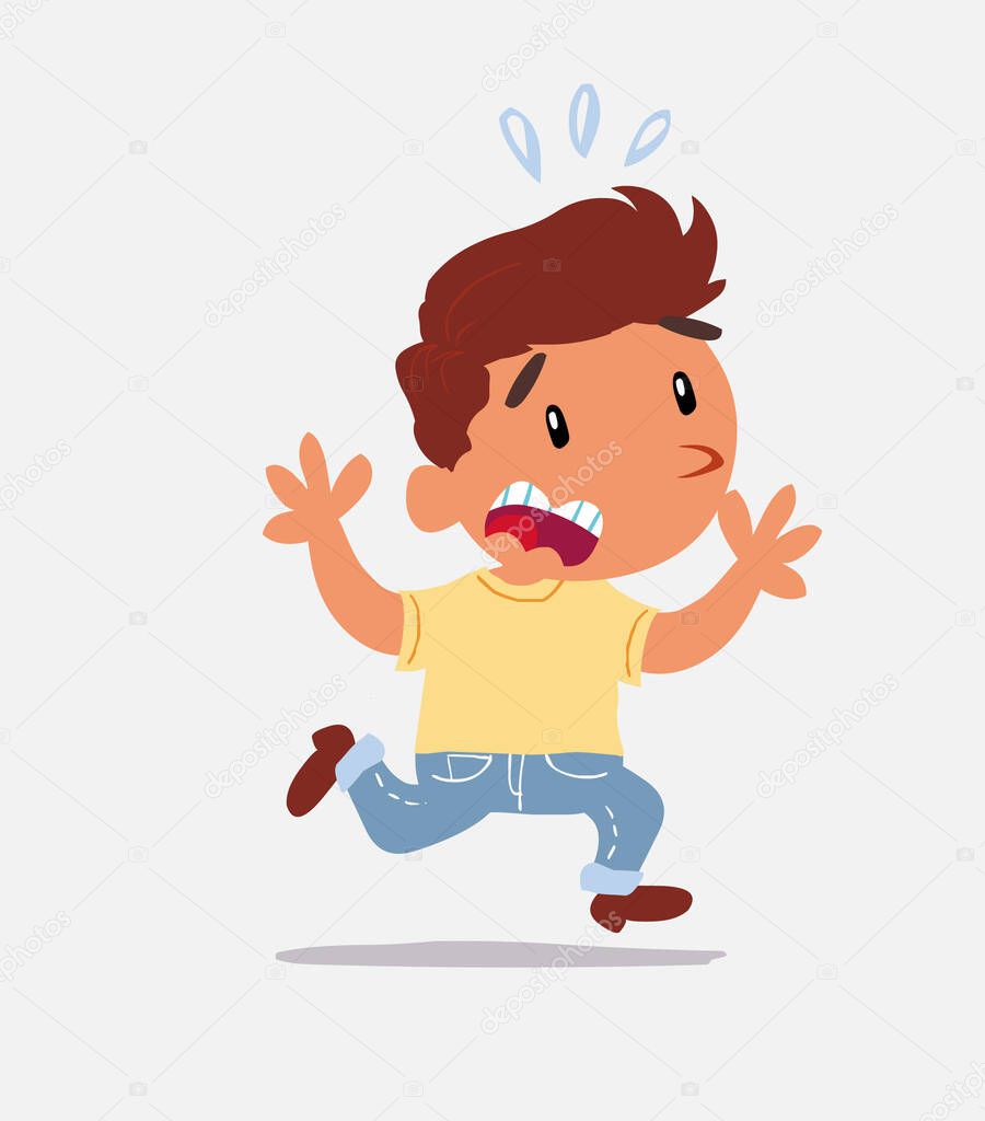 cartoon character of  little boy on jeans runs away in terror