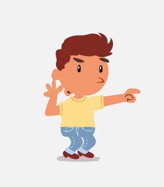 Şaşkın çizgi film karakteri kot pantolonlu küçük çocuk bir şeyi işaret ediyor.