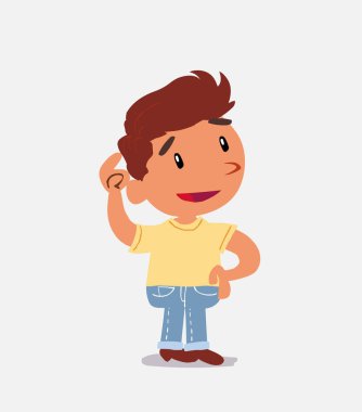 Kafasını kaşıyan kot pantolonlu küçük bir çocuğun düşünceli çizgi film karakteri.