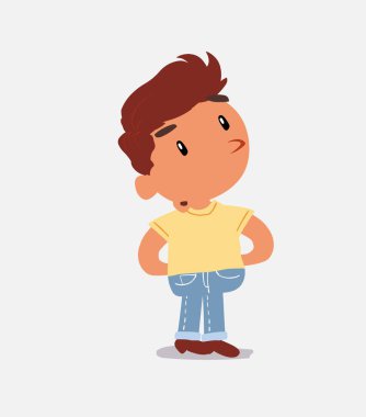 Çizgi film karakteri, kot pantolon giymiş kuşkucu çocuk.