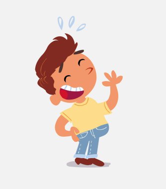 Çizgi film karakteri kot pantolon giymiş mutlu bir şekilde gülen çocuk.