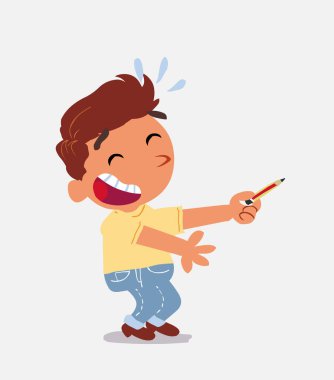 Çizgi film karakteri kot pantolon giymiş küçük bir çocuk kalemle yan tarafı gösterirken gülüyor.