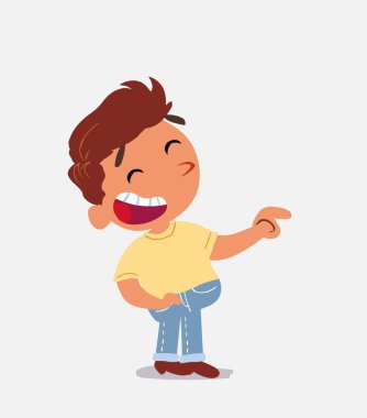 Çizgi film karakteri kot pantolonlu çocuk gülerken onun tarafını gösteriyor.