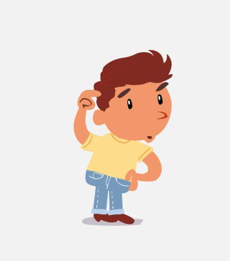 Komik çizgi film karakteri kot pantolonlu çocuk şüphe ediyor.