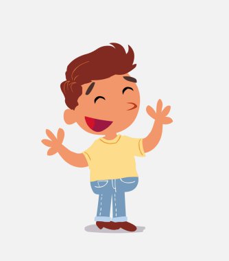 Kot pantolonlu küçük çocuğun bir şeyi açıklayan mutlu çizgi film karakteri.