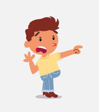 Şaşkın çizgi film karakteri kot pantolonlu çocuk bir şeyi işaret ediyor.