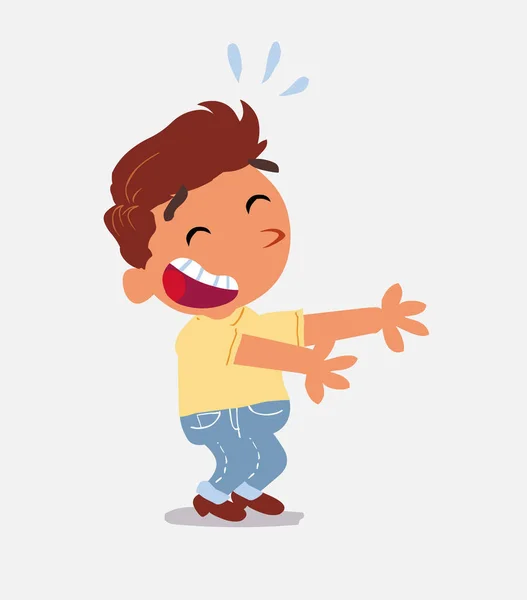 Personaje Dibujos Animados Niño Jeans Riendo Mucho Mientras Muestra Algo — Vector de stock