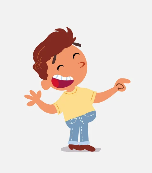 Cartoon Karakter Van Kleine Jongen Jeans Lachen Terwijl Wijzend — Stockvector