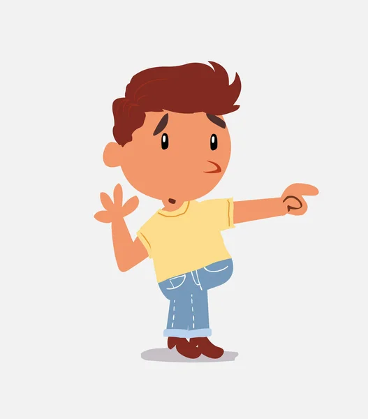 Surprised Cartoon Character Little Boy Jeans Points Something His Side — Stock Vector