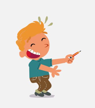 Çizgi film karakteri kot pantolon giymiş küçük bir çocuk kalemle yan tarafı gösterirken gülüyor.