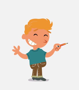 Çizgi film karakteri kot pantolonlu küçük bir çocuk bir yandan kalemle yan tarafı gösterirken komik bir şey söylüyor.