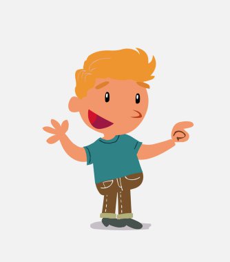 Çizgi film karakteri, kot pantolon giymiş gülümseyen bir çocuk.