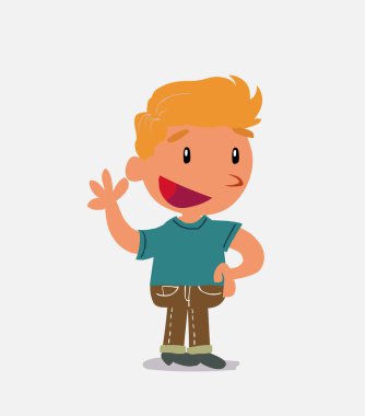 Çizgi film karakteri küçük çocuk mutlu bir şekilde el sallıyor.