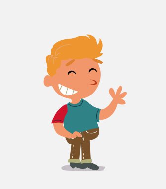 Çizgi film karakteri, kot pantolon giymiş gülerken el sallayan küçük bir çocuk.