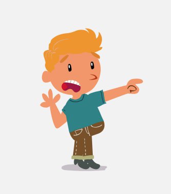 Şaşkın çizgi film karakteri kot pantolonlu çocuk bir şeyi işaret ediyor.