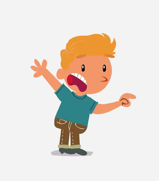 Personaje Dibujos Animados Niño Jeans Apuntando Algo Indignado — Vector de stock