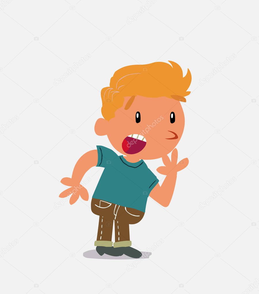 Unpleasantly surprised cartoon character of  little boy on jeans looks to the side