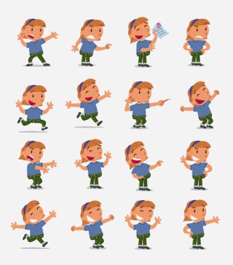 Çizgi film karakteri beyaz küçük kız. Farklı duruş ile ayarla