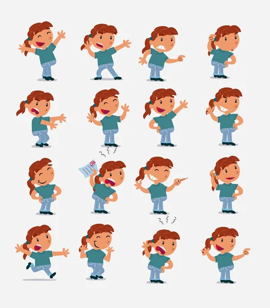 Personaje Dibujos Animados Niña Blanca Set Con Diferentes Posturas — Vector de stock