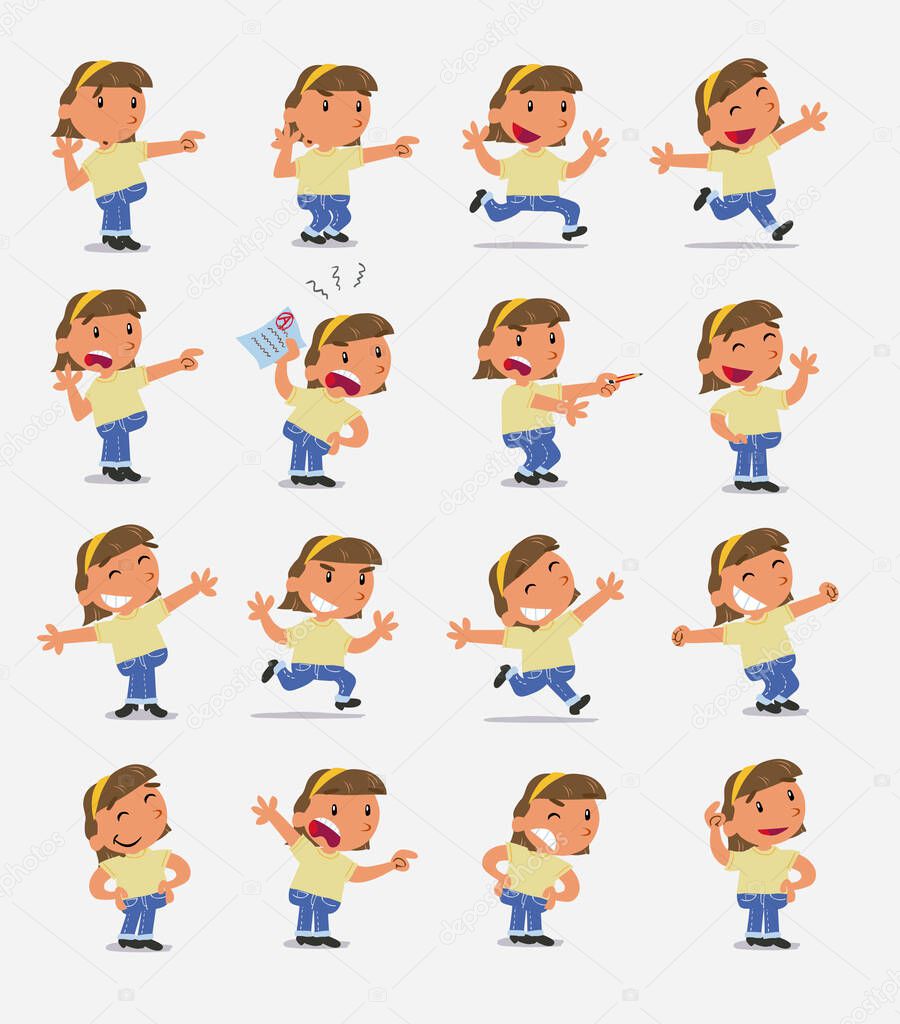 Cartoon character white little girl. Set with different postures