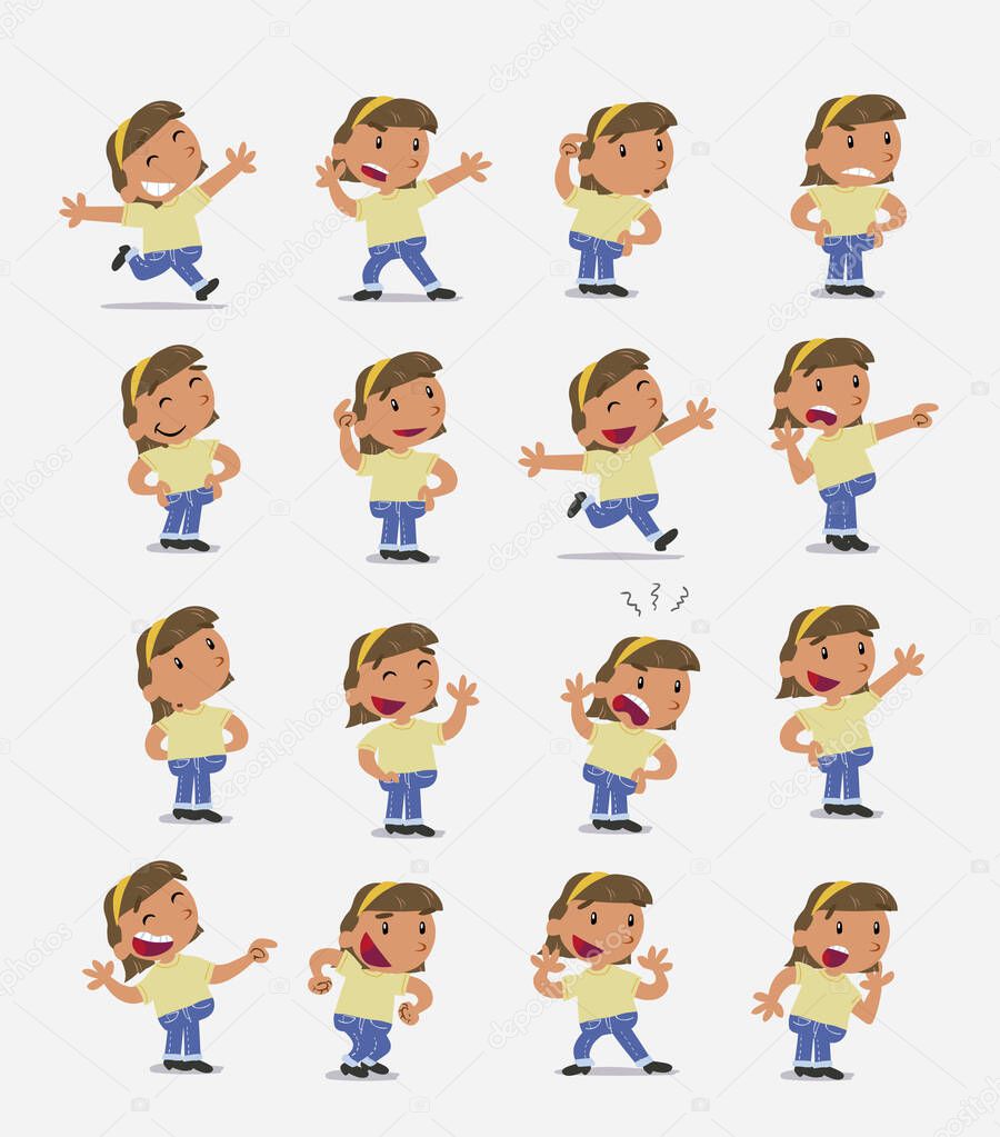 Cartoon character white little girl. Set with different postures