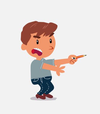 kızgın çizgi film karakteri kot pantolonlu küçük çocuk kalem ucu kenarı