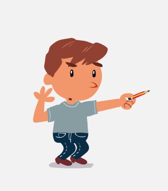 Çizgi film karakteri, kot pantolon giymiş küçük bir çocuk kalemle yan tarafı gösterirken şüphe duyuyor.