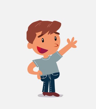 Çizgi film karakteri kot pantolon giymiş bir çocuğu işaret ederken bir şey anlatıyor.