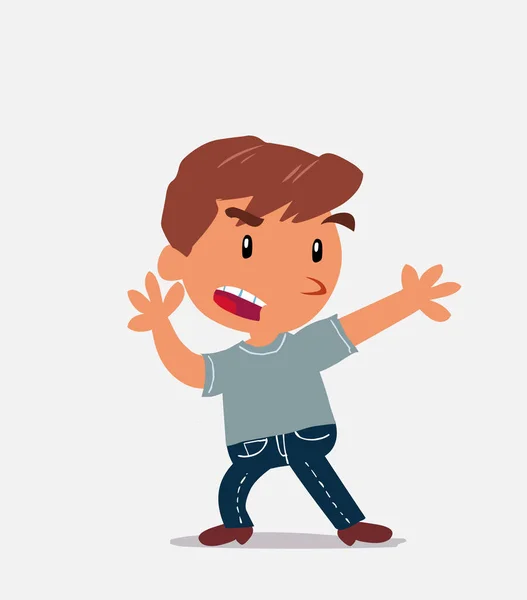 穿着牛仔裤的小男孩生气地争辩的卡通人物 — 图库矢量图片