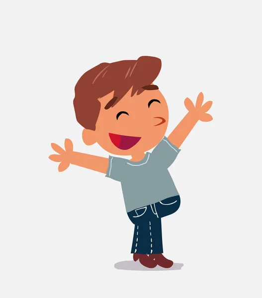 Zeichentrickfigur Des Kleinen Jungen Auf Jeans Feiert Etwas Mit Freude — Stockvektor