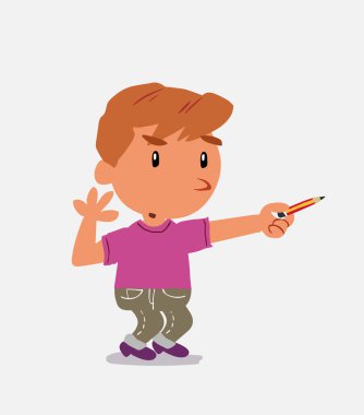 Çizgi film karakteri, kot pantolon giymiş küçük bir çocuk kalemle yan tarafı gösterirken şüphe duyuyor.