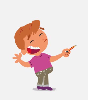 Çizgi film karakteri kot pantolonlu küçük çocuk mutlu bir yandan kalemle kenarı gösteriyor.