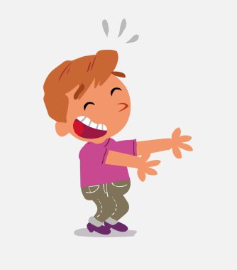 Çizgi film karakteri kot pantolonlu küçük bir çocuk bir şeyler gösterirken çok gülüyor.