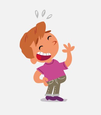 Çizgi film karakteri kot pantolon giymiş mutlu bir şekilde gülen çocuk.